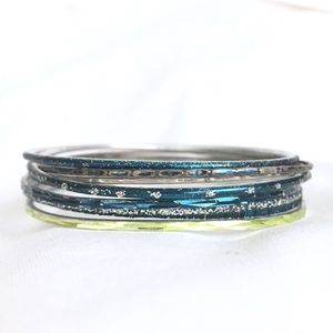 Y2K Blue Aqua Silver Glitter Bangle Stack 90s Hippie Boho Festival Gypsy Costume